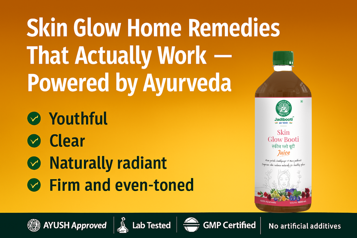 Golden-orange Ayurvedic skincare banner with headline “Skin Glow Home Remedies That Actually Work — Powered by Ayurveda” and four listed benefits: Youthful, Clear, Naturally radiant, Firm and even-toned. Includes icons for AYUSH Approved, Lab Tested, GMP 